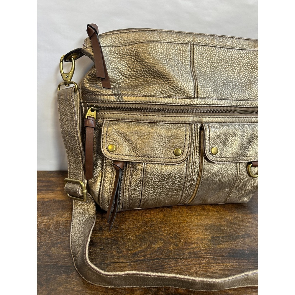 Fossil Metallic Bronze Pebbled Leather Utility Crossbody Bag Multi Pocket Large - Picture 4 of 16